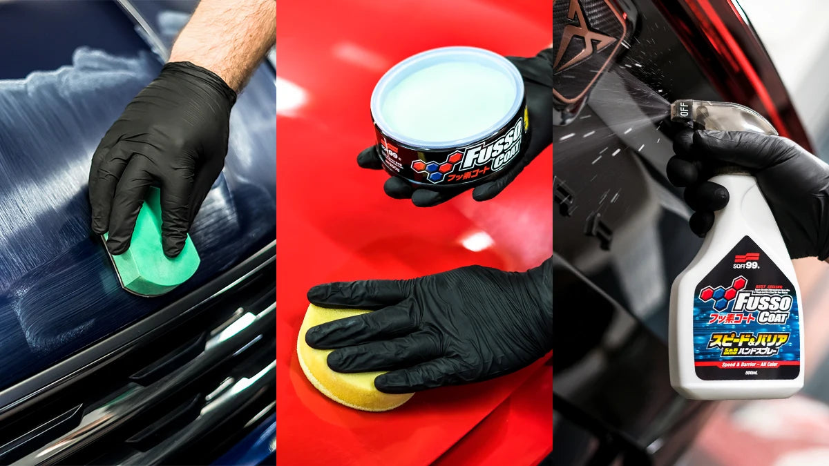 Photo divided into 3 parts showing cleaning (decon), waxing and maintaining (using a quick detailer product) a coat of wax on a car.